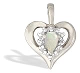 14K White Gold Genuine Pear Opal and Diamond Heart Pendant