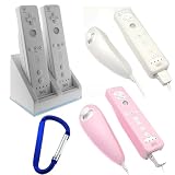 GTMax Remote Control Dual Charging Dock Station with 2 Battery Packs + 2x Silicone Skin Cover Case (Pink / Clear) with Blue Belt Clip for Nintendo Wii