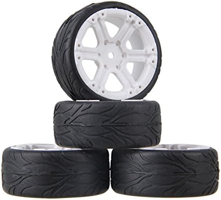 Mxfans RC 1:10 On-road Car Black Fish Scale Pattern Rubber Tyre &amp; White Plastic 6-Spoke Wheel Rim 12mm Drive Hex Pack of 4