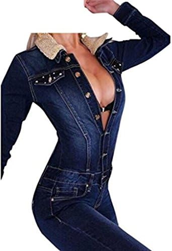 Autumn Sexy Women's Deep V Neck Long Sleeve Lapel Denim Jumpsuits X-Large