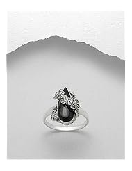 Black Resin Flower Marcasite Ring In 92.5 Sterling Silver