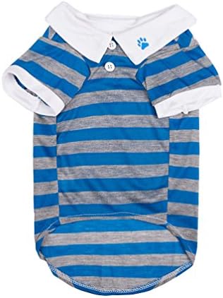 Pet Dog Clothes Wonderful Puppy T-Shirt Lapel Stripe Cotton Short Sleeve (L, Blue)