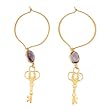 Antique Style Key Dangle Earrings in Gold Vermeil with an Amethyst Gemstone on a Gold Vermeil Contemporary Hoop, #7457