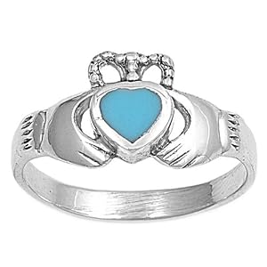STERLING SILVER RING WITH STONE - TURQUOISE CLADDAGH - Size 6
