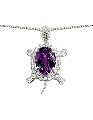 Original Star K (tm) Good Luck Turtle Pendant With Oval 12x10mm Simulated Amethyst in .925 Sterling Silver