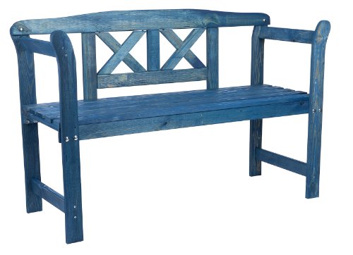 Wooden Garden Bench with a crossed rest, weatherproof glazed in friese blue color