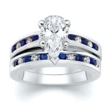 3.00 CT PEAR DIAMOND W ROUND BLUE SAPPHIRE RING SET