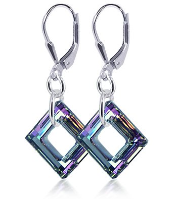 Adorable Square Vitrial Light Swarovski Crystal .925 Sterling Silver Leverback Dangle Earrings