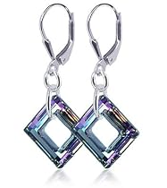 Adorable Square Vitrial Light Swarovski Crystal .925 Sterling Silver Leverback Dangle Earrings
