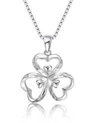 14K Italian White Gold Diamond Cut Triple Heart Shape Leaf Clover Necklace (16"), Women Jewelry in Gift Box