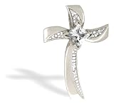 14K White Gold Genuine Square White Topaz and Diamond Cross Pendant