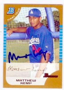 Matt Kemp Autographed/Hand Signed Baseball Card (Los Angeles Dodgers) 2005 Topps Bowman #273 GOLD R