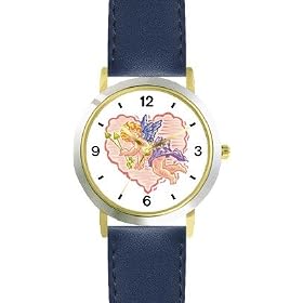 Cupid with Arrows and Pink Heart - WATCHBUDDY® DELUXE TWO-TONE THEME WATCH - Arabic Numbers - Blue Leather Strap-Women's Size-Small