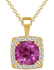 18K Yellow Gold Cushion Cut Pink Sapphire And Round Diamond Pendant