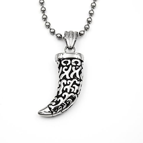 Stainless Steel Silver Ox Italian Horn Tusk Pendant Necklace with Ball Beads Link Chain Mens 29"