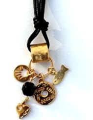 Black Leather Keychain Gold Plated Luck Charms for Love and Protection