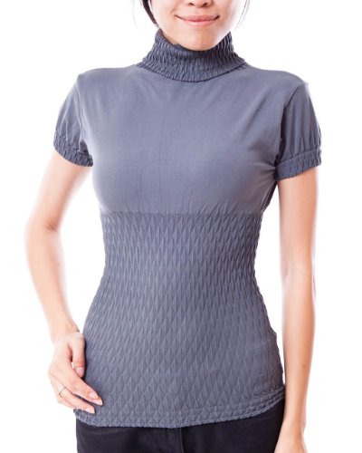 Woman Seamless Short Sleeve Diamond Pattern Turtleneck Top, Multiple Colors