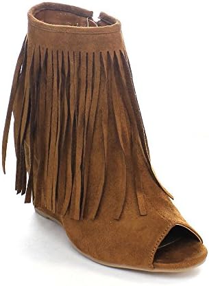 ADIRANA DONYA-101 Women's Peep Toe Fringe Wedges Heel Ankle Boots, Color:RUST, Size:10
