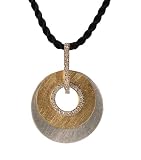 18K Yellow and White Gold Matte-Finish Round-Shaped Pendant, Enhanced with Pave Set Diamonds, Sliding on a 16 Black Silk Cord Necklace Set with an 18K Yellow Gold Clasp.