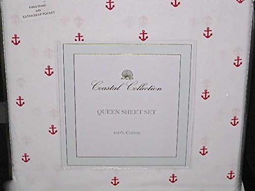HILLCREST coastal collections 4pc Cotton Queen Size RED Anchors on White Sheet Set