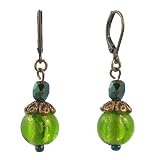 Earrings - E315 - Murano and Fire Polished Glass and Antique Gold Tone Beads - Round ~ Lime Green