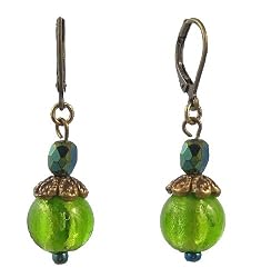 Earrings - E315 - Murano and Fire Polished Glass and Antique Gold Tone Beads - Round ~ Lime Green