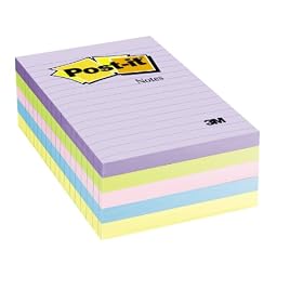 Post-it® Notes, Original Pad, 4 Inches x 6 Inches, Lined, Assorted Pastel Colors, Five Pads per Pack