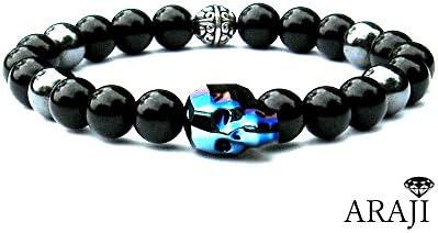 Swarovski Skull Crystal Men's Semiprecious Gemstone Stretch Bracelet Natural High Grade Black Obsidian &amp; Hematite (7)