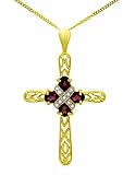 9ct Yellow Gold Ladies Rhodalite & Diamond Cross Pendant on 18 Curb Chain
