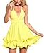 Kearia Women Sexy Deep V Neck Spaghetti Strap Pleated Ruffle Short Skater Mini Dress
