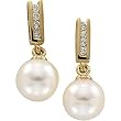 14K Yellow Gold White Akoya Pearl and Diamond Earrings