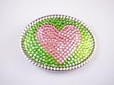 Handmade X-Large Oval Belt Buckle with Peridot Swarovski Crystals, Rose Heart, With Belt