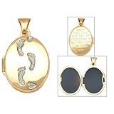 14K 2 Tone Gold Foot Prints Locket Photo Jewelry 19.5mm