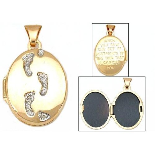 14K 2 Tone Gold Foot Prints Locket Photo Jewelry 19.5mm