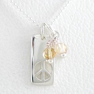 Rectangular Peace Tag with Cut Out Design in Sterling Silver with Citrine Gemstone Beads on an 18" Sterling Bead Chain, #8348