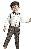 (コ-ランド) Co-land 子供服 男の子スーツ 上下セット 男児ワイシャツ キッズ長袖シャツ ベビー ロングパンツ 赤ちゃん チェック柄ズボン サスペンダーと蝶ネクタイ付き ホワイト サイズ13