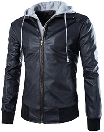 Prettygood Men's Winter Slim Fit Hooded Zipper PU Leather Jacket Coat Black S