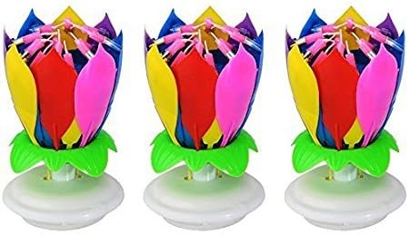 YPMZ 3 PCS Beautiful Musical Lotus Flower Happy Birthday Party Gift Rotating Lights Decoration 14 Candles Lamp
