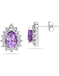 7X5mm Pear Shaped Amethyst and Diamond Flower Earrings in 14k White Gold