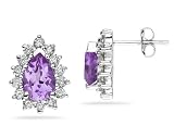 7X5mm Pear Shaped Amethyst and Diamond Flower Earrings in 14k White Gold