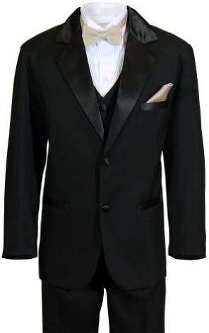 Boys 2 Button Notch Ring Bearer Wedding Tuxedo with Colored Bow Tie and Pocket Square (4, Champagne)