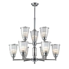 Halophane - 9 Light Retro Chandelier Lighting Fixture - Polished Chrome - Ribbed Halophane... by Landmark