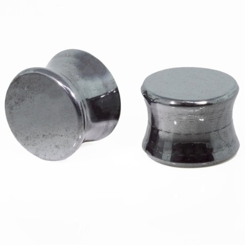 Pair Hematite Double Flared Stone Plugs 10mm 00G