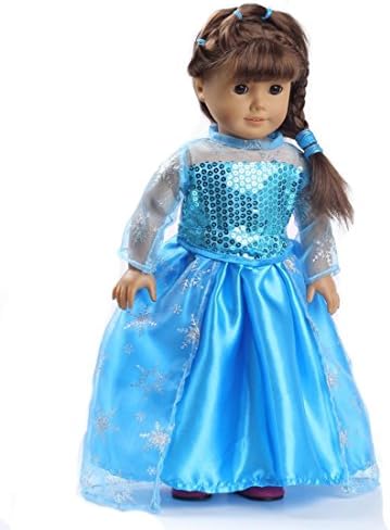 Queen Elsa Stunning Sequined Snowflake One Piece Gown Dress with Sheer Illusion Neckline and Train for 18 Inch American Girl Doll