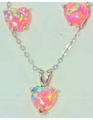Pink Opal Heart Stud Earrings & Pendant Sterling Silver