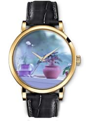 SPRAWL Aanalog Fashion Series Gold Ladies Watches of Genuine Black Leather Strap,Unique Wrist Watch for Women Girls Designed with different pots