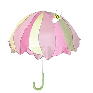 Little girl holding a pink flower umbrella showing bee on top of umbrella