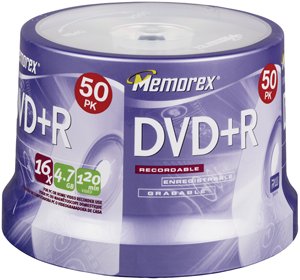 DVD+R Media, 4.7GB/120 Min Capacity, 16X Write Speed, Branded, 50/Spindle MEM32025619