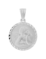 14k White Gold, Thinking Angel Pendant Charm Round 16mm Wide