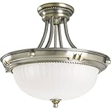 IMAGE OF Progress Lighting P3409-43 3-Light Semi-Flush Fixture Suspended From Ceiling with Etched Patterned Glass, Colonial Silver